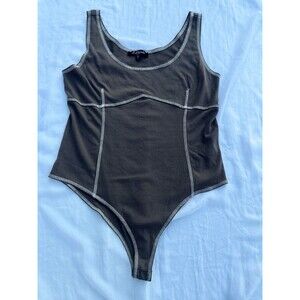 Y2K Mixed Threads Cocoa Brown Ribbed Contrast Stitch Bodysuit XL Stretch Soft